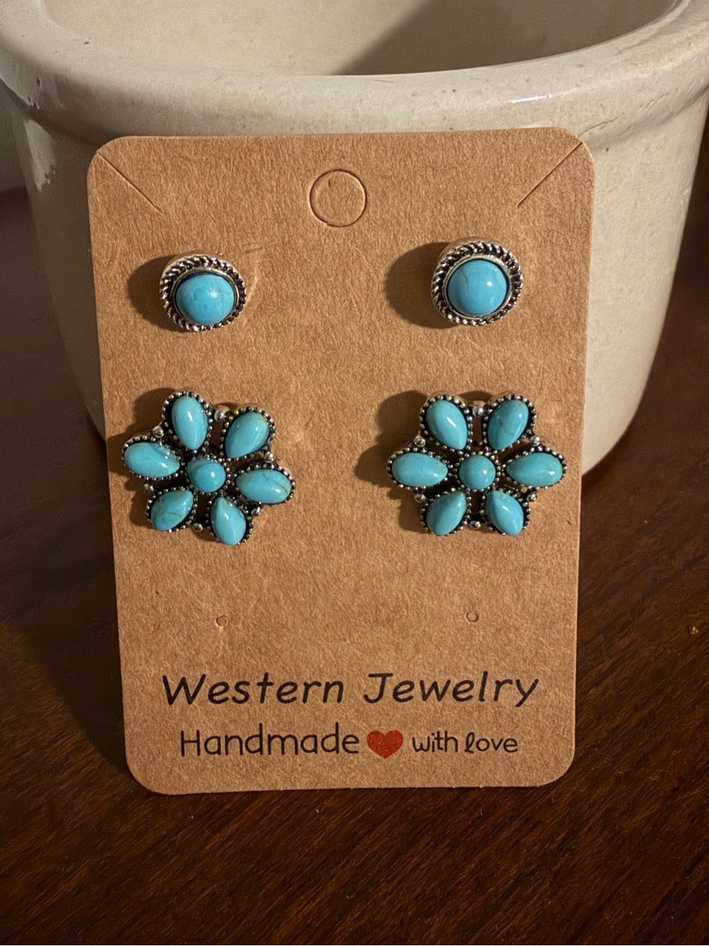 Western Jewelry Turquoise Floral & Round Stud Earring Set